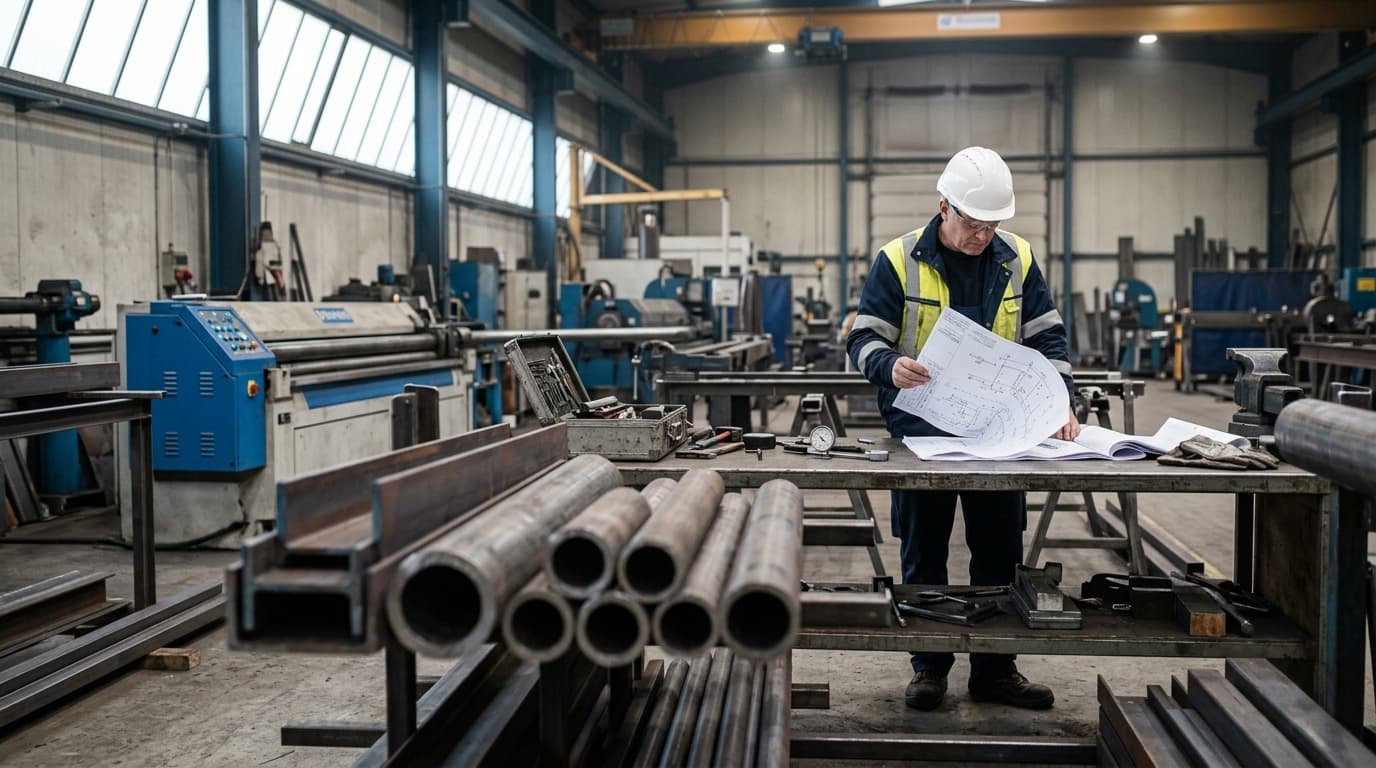 Boiler shop floor: profiles and tubes waiting to be cut, drawings checked on the workbench